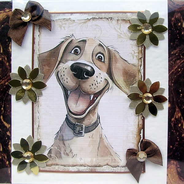 Smiling Happy Puppy - Hand Crafted Decoupage Greeting Card - Blank 2861