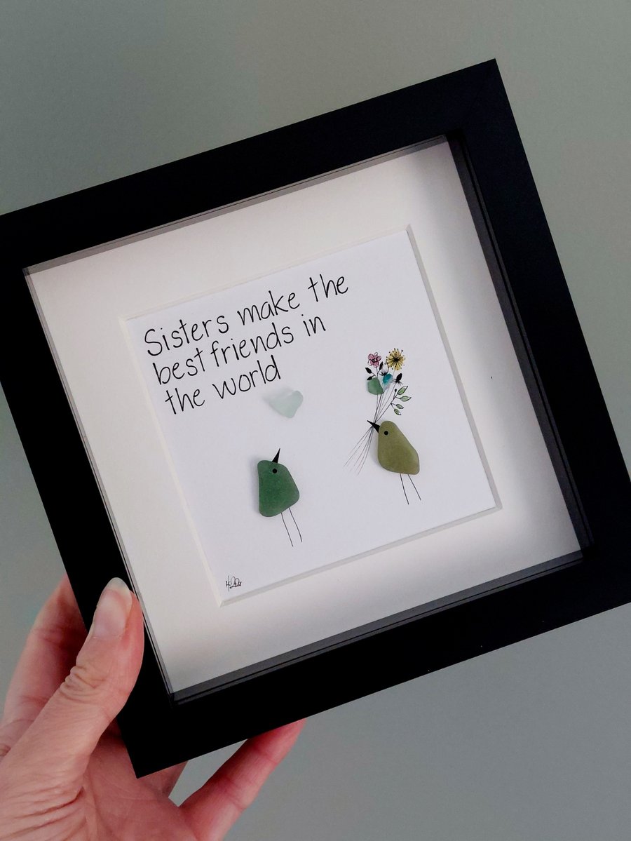 Sister Gift - Sea Glass Wall Art - Framed Pebble Picture for Sisters