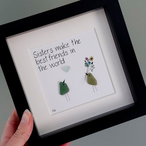 Sister Gift - Sea Glass Wall Art - Framed Pebble Picture for Sisters