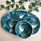 Handmade stoneware emerald bird and tree charcuterie platter and bowl set