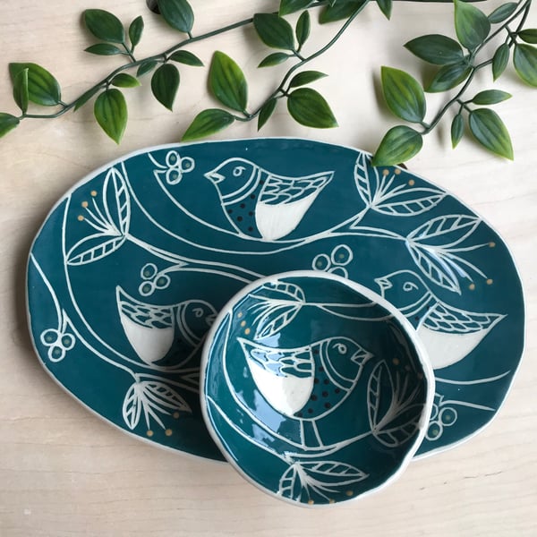 Handmade stoneware bird tree charcuterie platter bowl set plate Christmas table