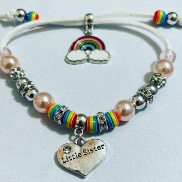 Little sister rainbow charm white suede effect corded adjustable bracelet 