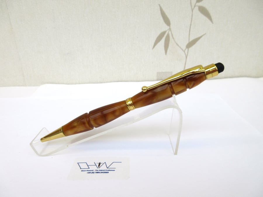 Bronze Coloured Acrylic Ball Point Stylus Pen with Velvet Pouch. Hand Made