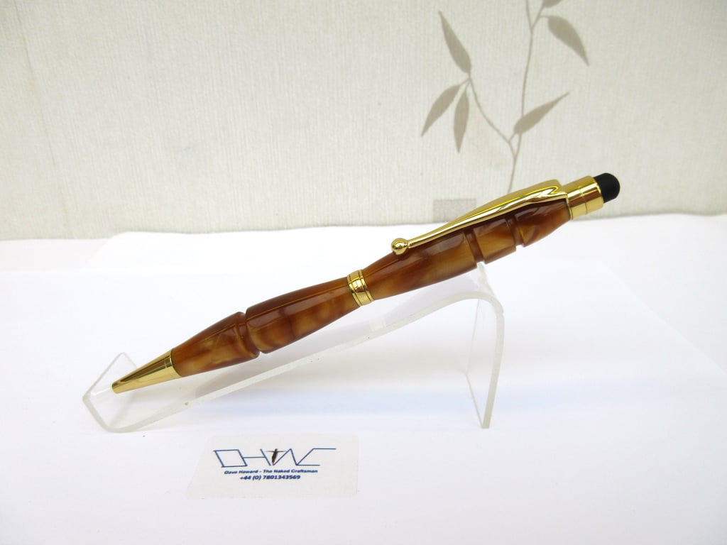 Bronze Coloured Acrylic Ball Point Stylus Pen with Velvet Pouch. Hand Made