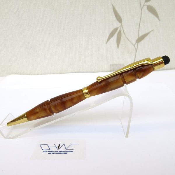 Bronze Coloured Acrylic Ball Point Stylus Pen with Velvet Pouch. Hand Made