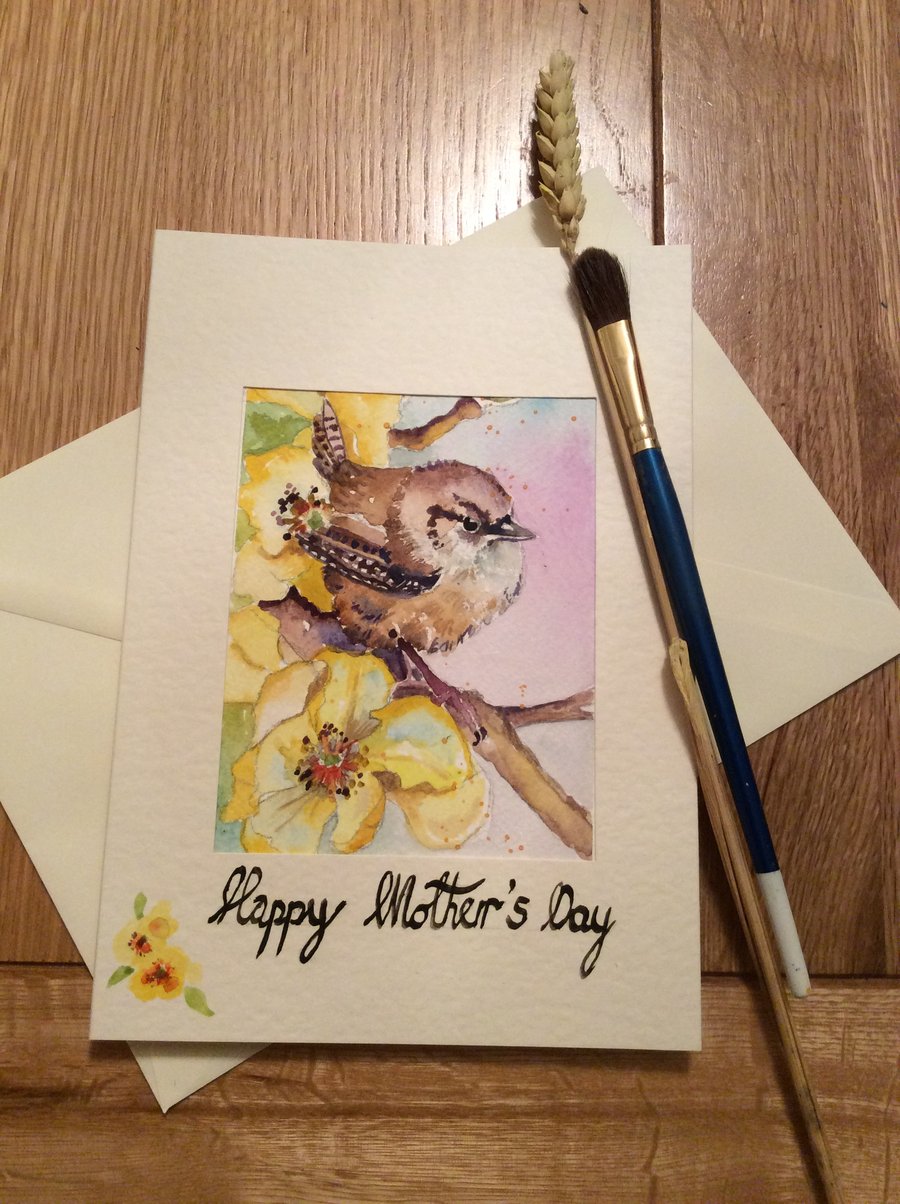 Original handpainted Mother's Day card of wren with flowers