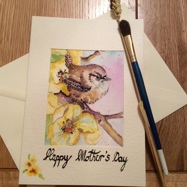 Original handpainted Mother's Day card of wren with flowers