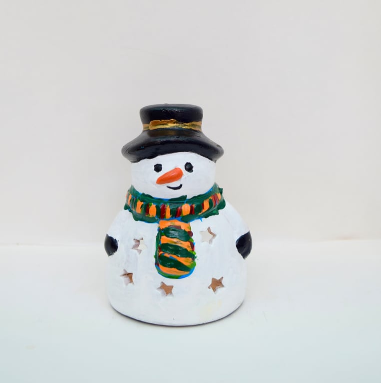 Hand-Painted Snowman Tea Light Holder - Ceramic Christmas Candle Holder