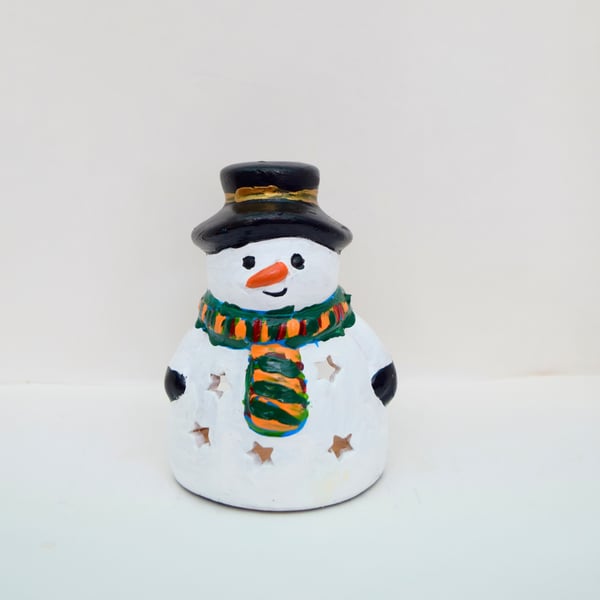 Hand-Painted Snowman Tea Light Holder - Ceramic Christmas Candle Holder