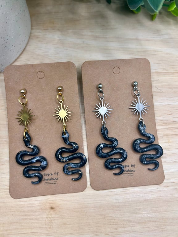 Celestial Snake Earrings, Gold or Silver, Handmade Polymer Clay Earrings 