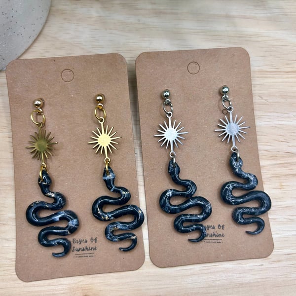 Celestial Snake Earrings, Gold or Silver, Handmade Polymer Clay Earrings 