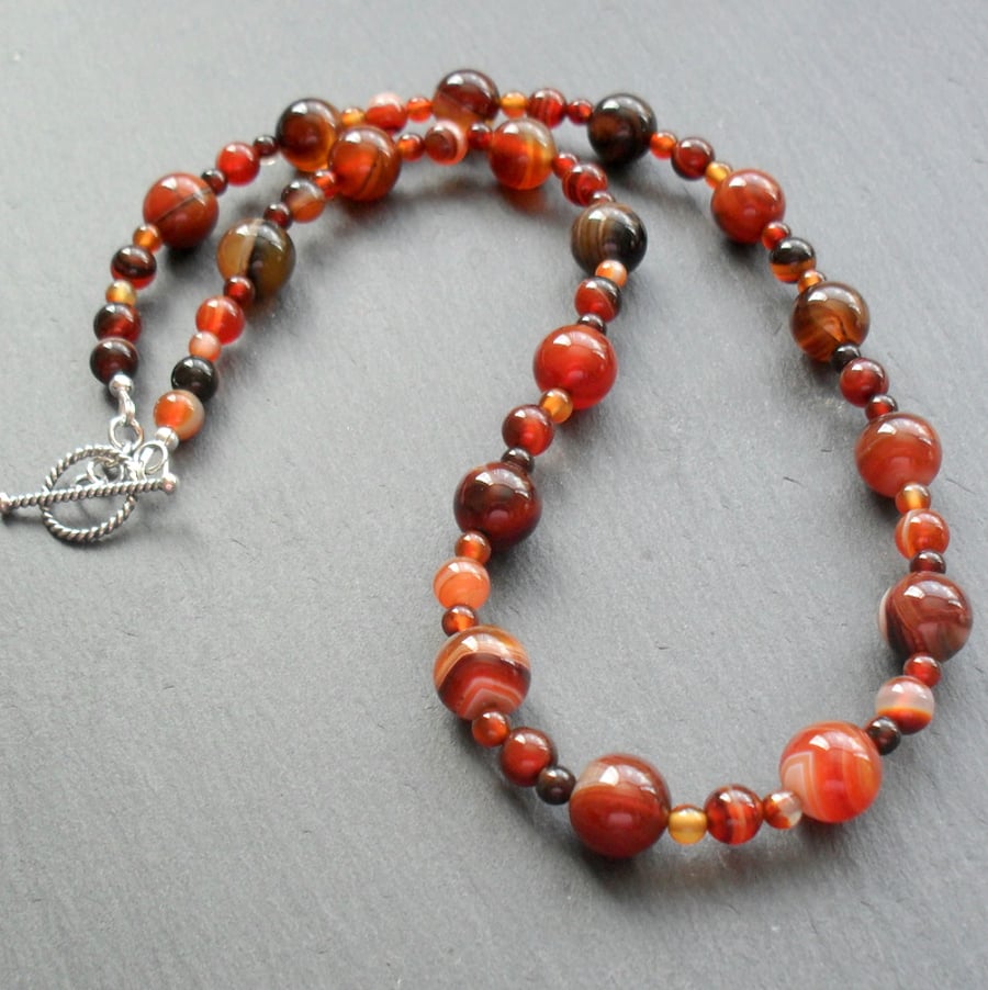 Brown and Orange Tones of Agate Semi Precious Gemstone Necklace