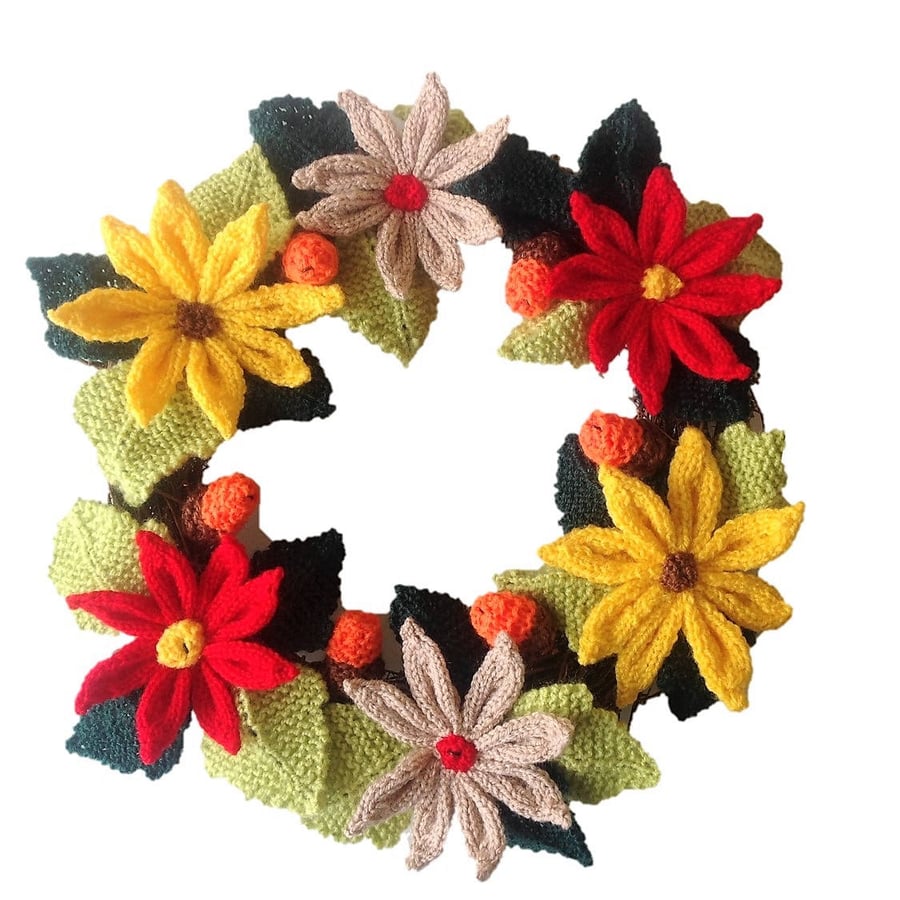 Knitted Christmas Wreath, Xmas Digital Knitting pattern, Christmas Flowers