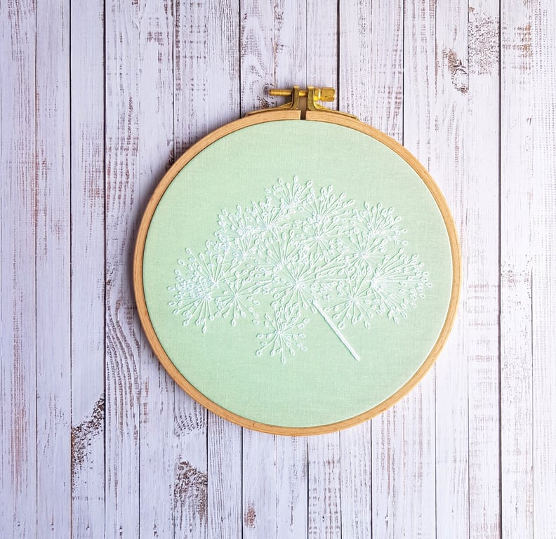 Mint green pastel embroidery art, 6.5". Hand embroidered wildflower decor