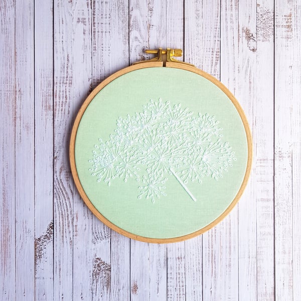 Mint green pastel embroidery art, 6.5". Hand embroidered wildflower decor