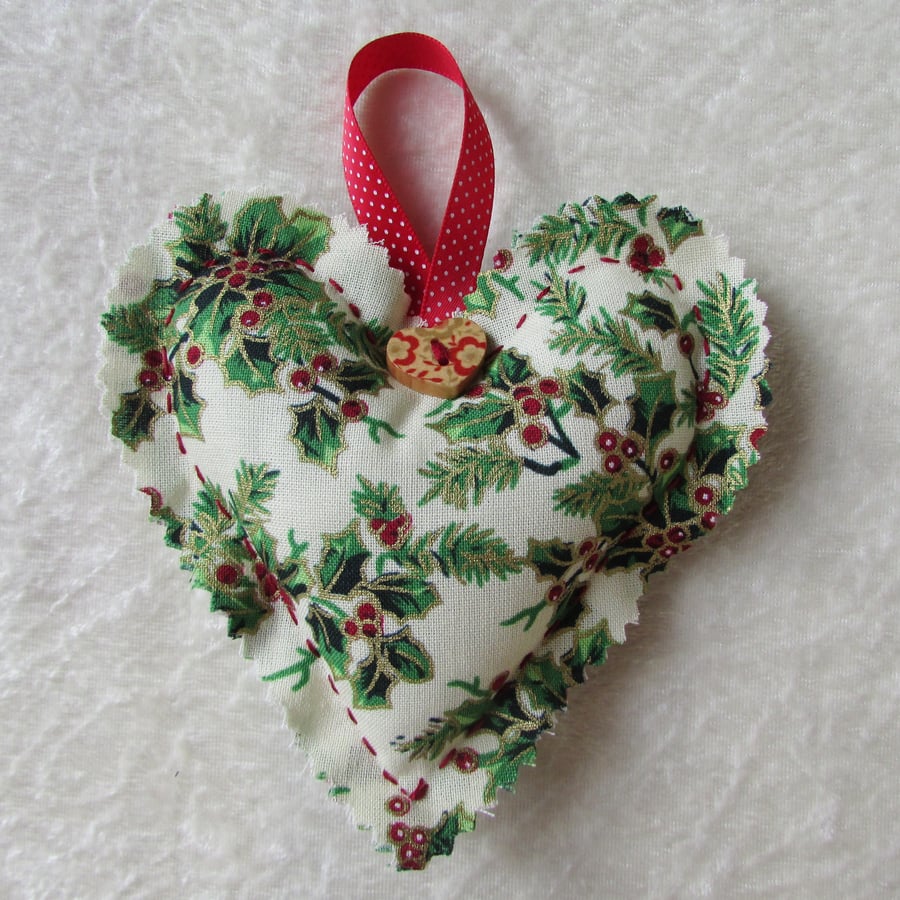 Cream and green holly print Christmas hanging heart decoration