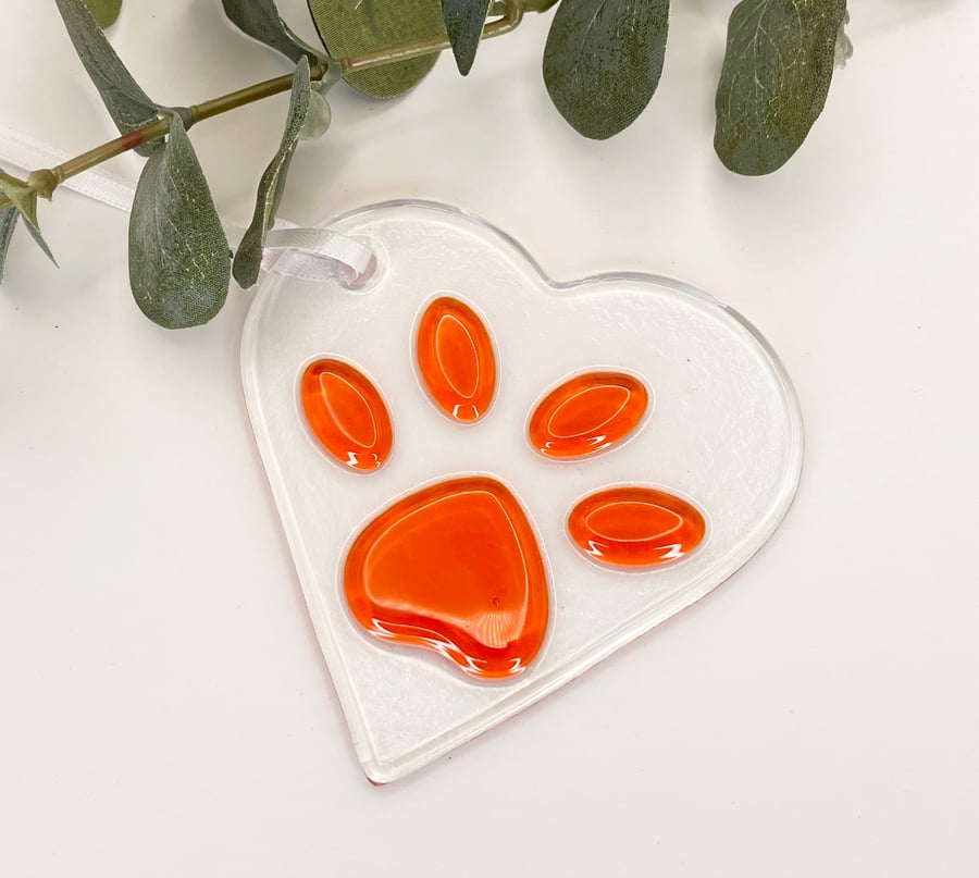 Fused Glass Suncatcher,  Cat,Dog  Paws, Colour Orange, Size 9cm x 8.5cm
