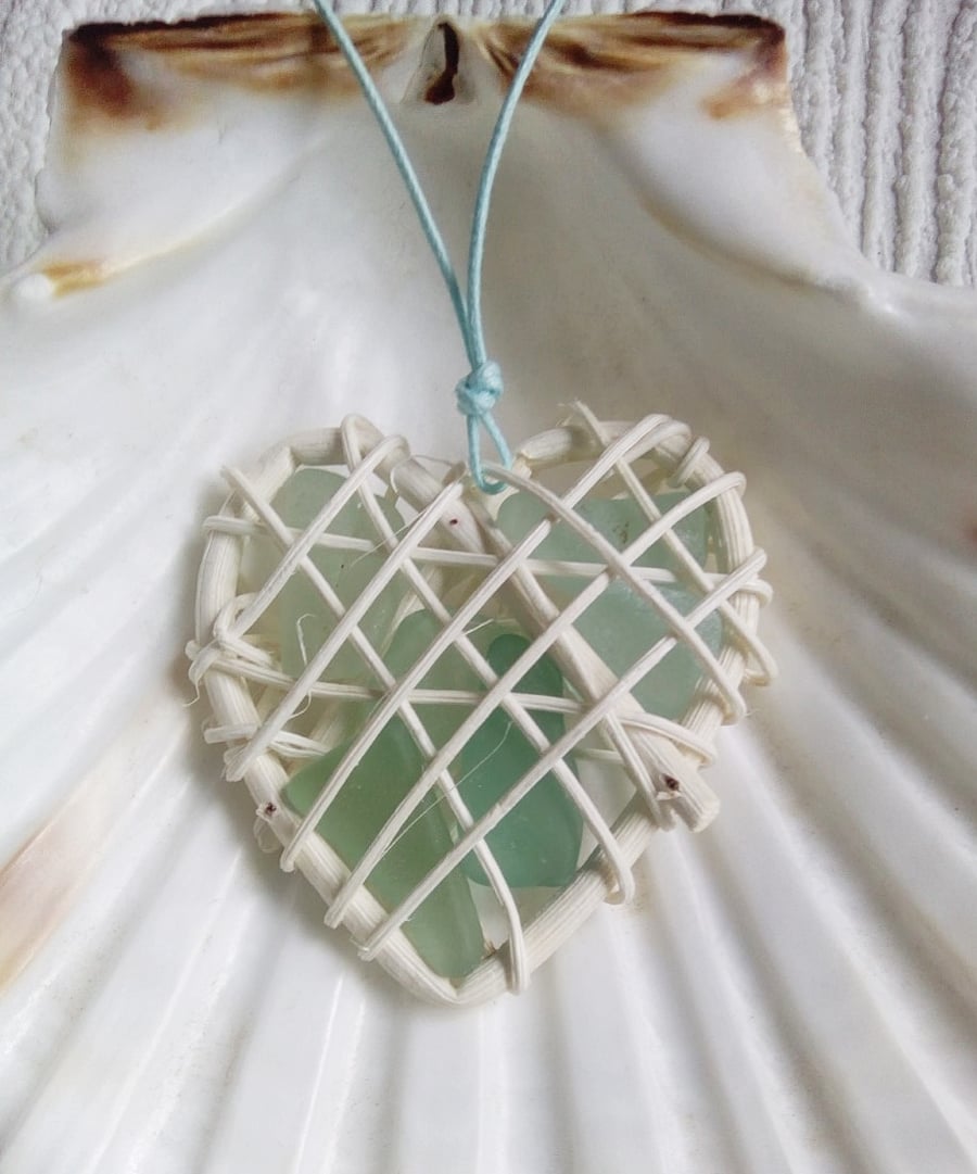 Aqua sea glass heart. Hanging coastal home decoration or necklace