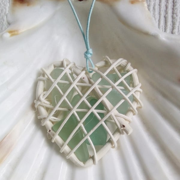 Aqua sea glass heart. Hanging coastal home decoration or necklace