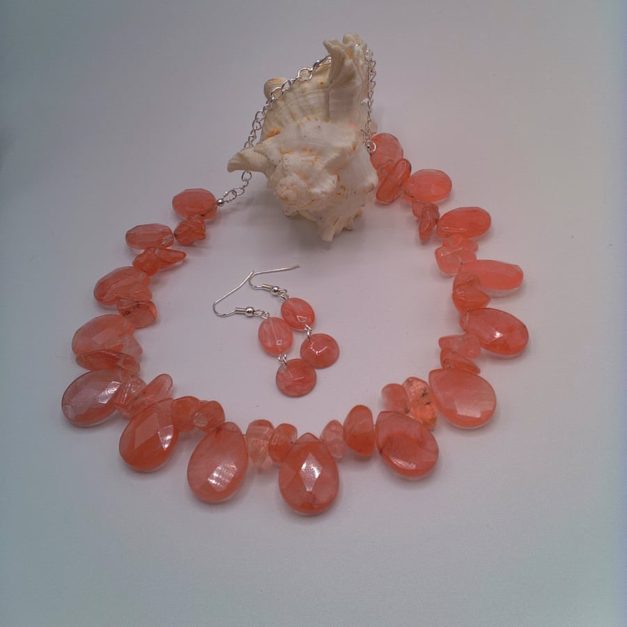 Raspberry Quartz Drop Bead and Chip Necklace and Earrings, Gift for Her