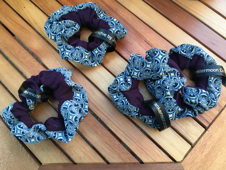 Frankenscrunchie, blue pattern and purple, medium scrunchie.