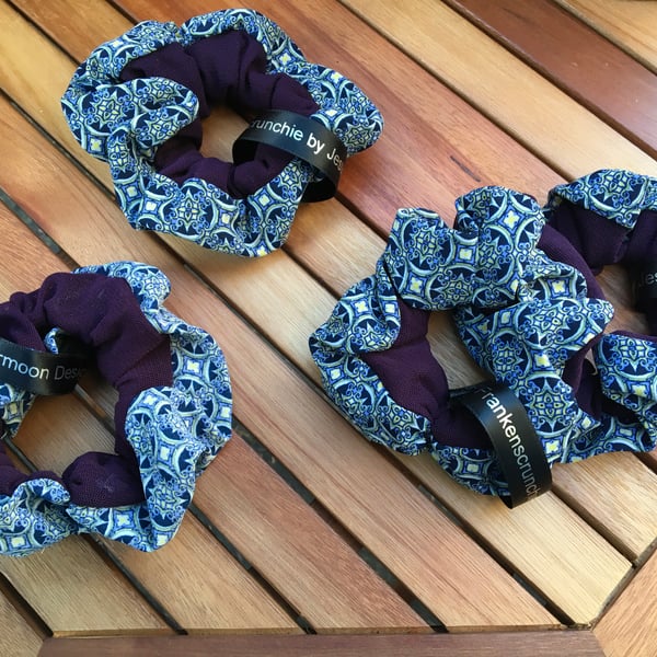 Frankenscrunchie, blue pattern and purple, medium scrunchie.