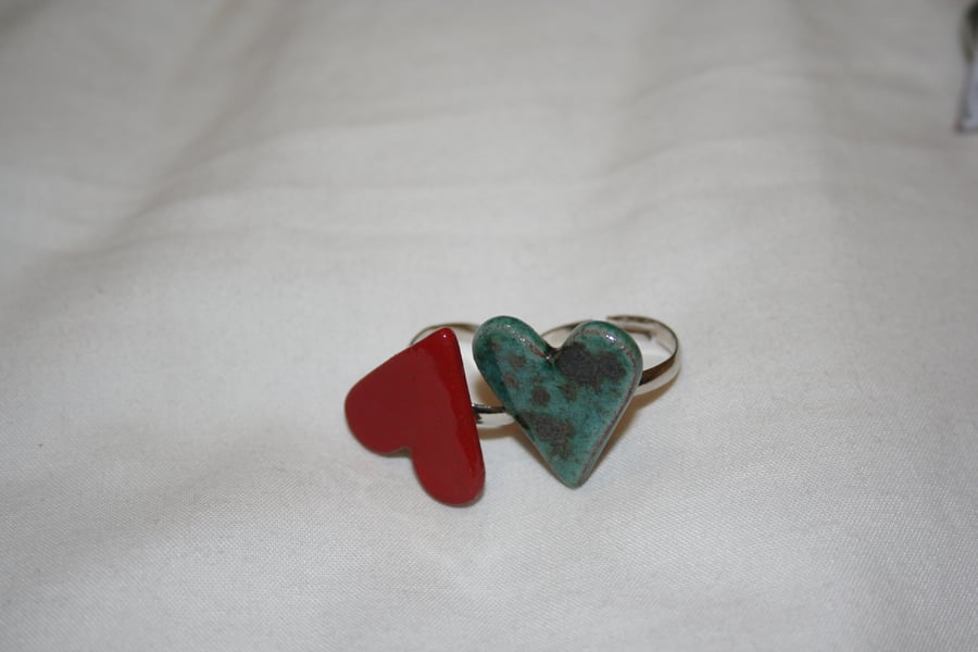 Handmade heart shaped ceramic ring with silver plated adjustable ring back