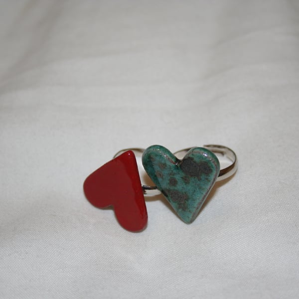 Handmade heart shaped ceramic ring with silver plated adjustable ring back