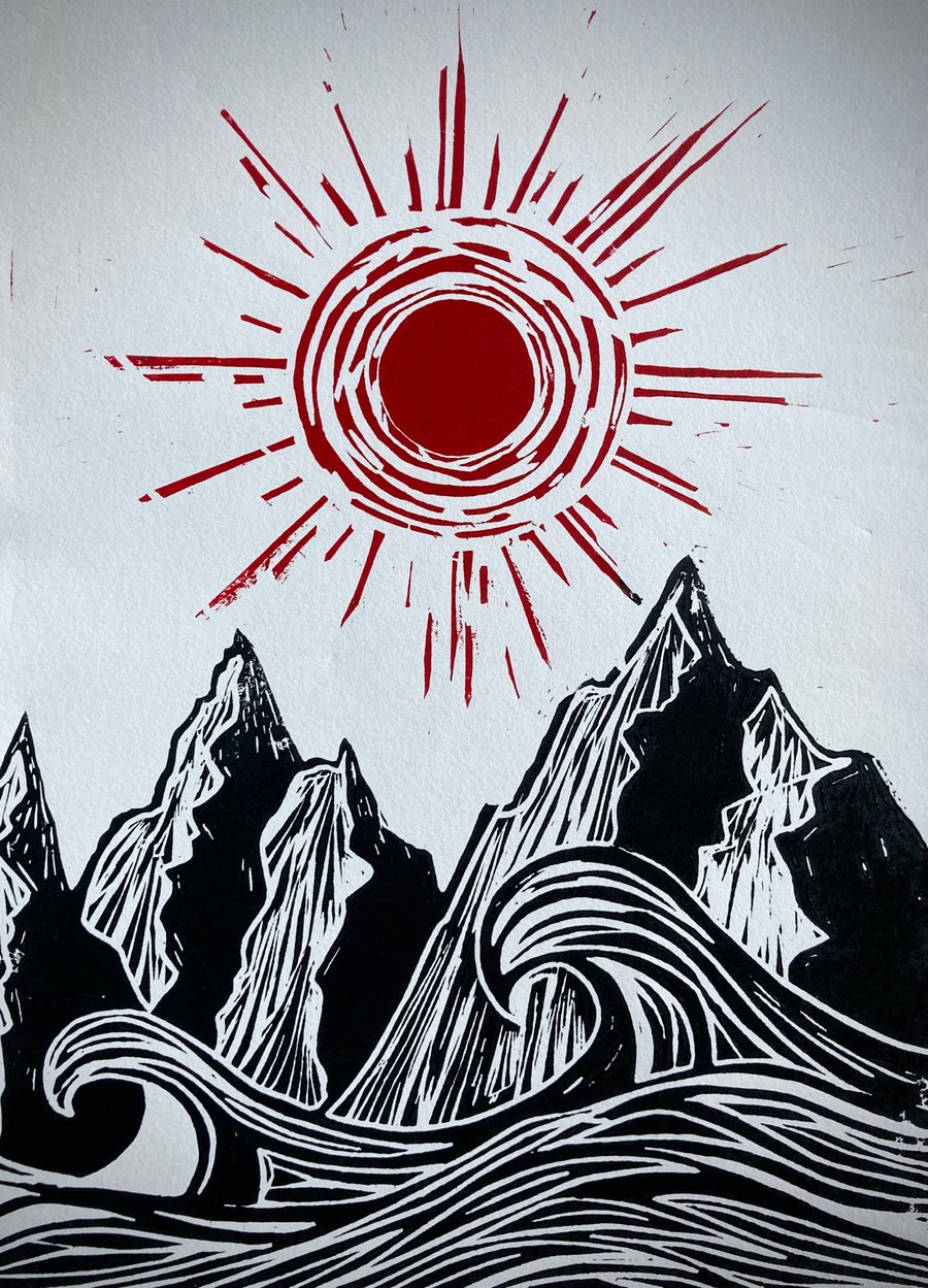Mountains with Rising Sun Lino Print