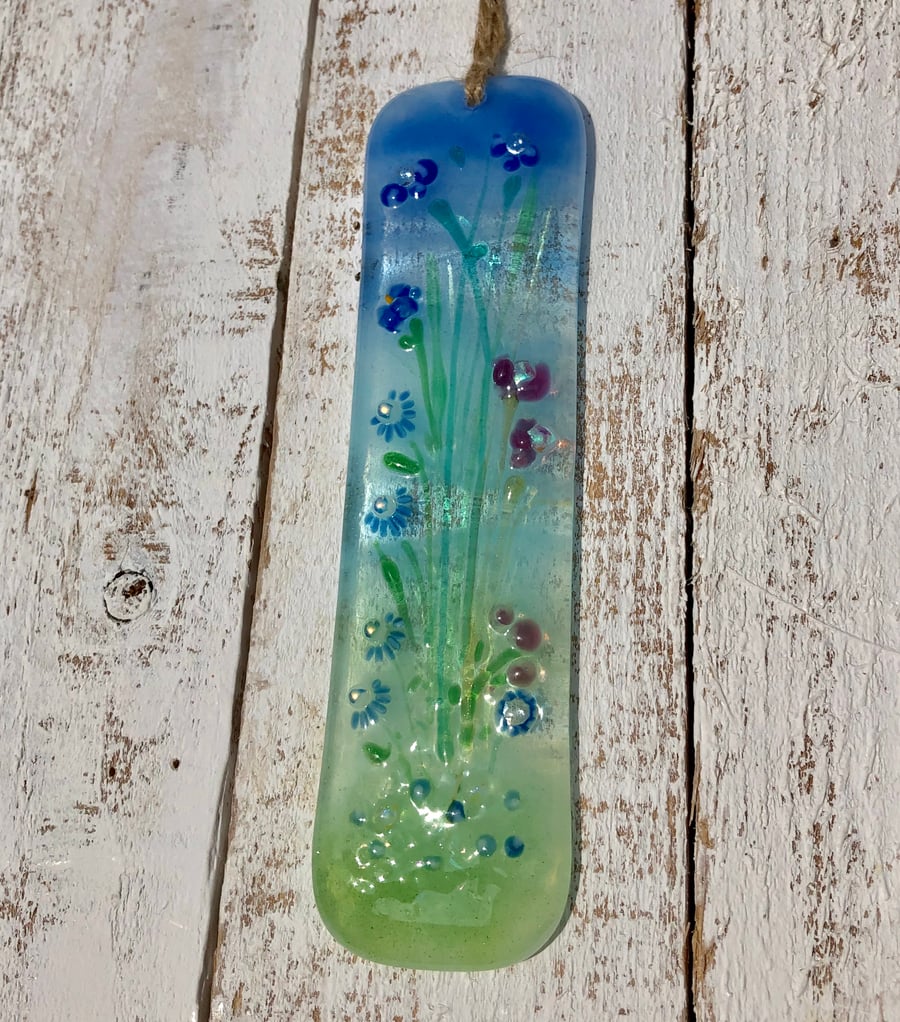 Fused Glass Light Catcher - Blue Daisies Meadow Design 