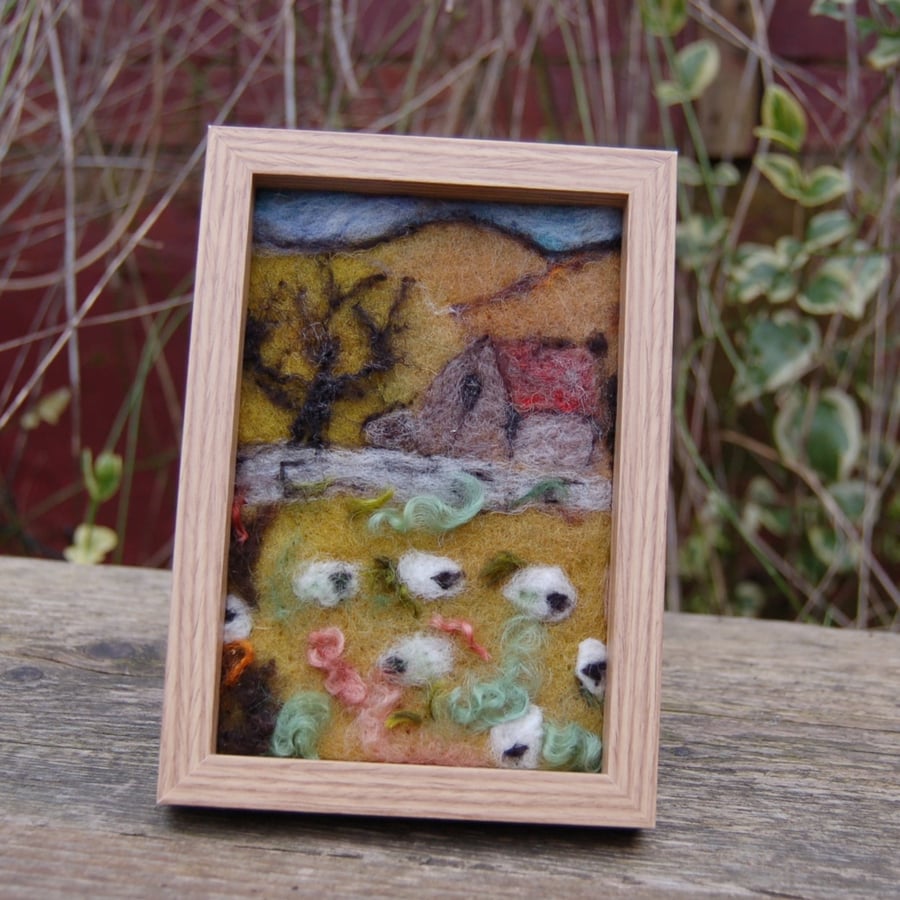  Needle felt picture -  sheep in a smallholding meadow - Textile Art