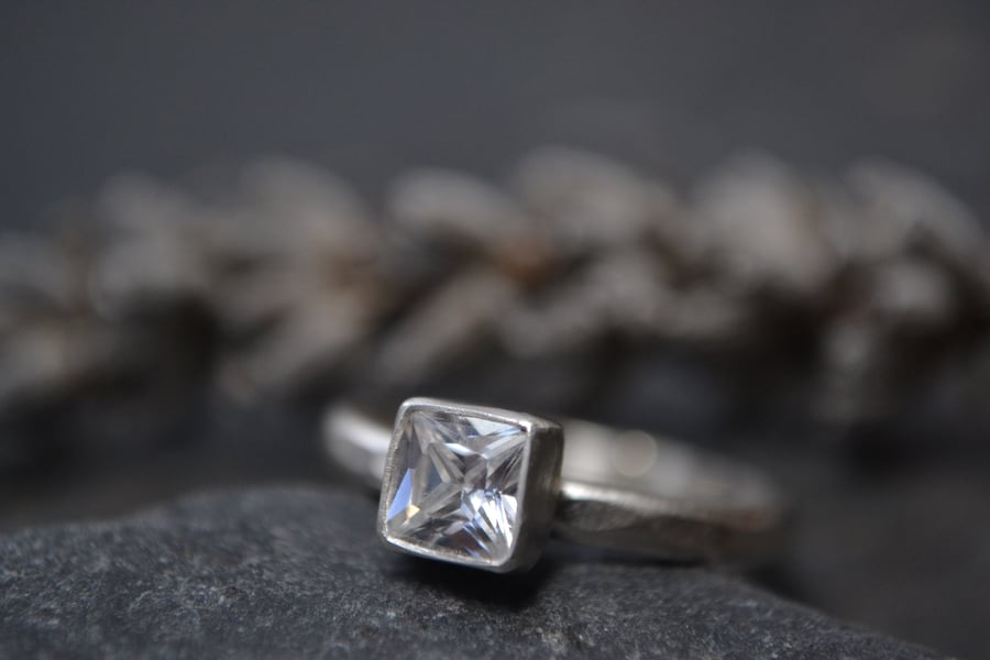 Square cz and sterling silver ring (alternative April Birthstone - diamond)