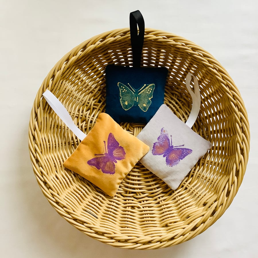 Teal Butterfly Lavender Bag Hand Printed on Luxury Velvet; Lavender sachet