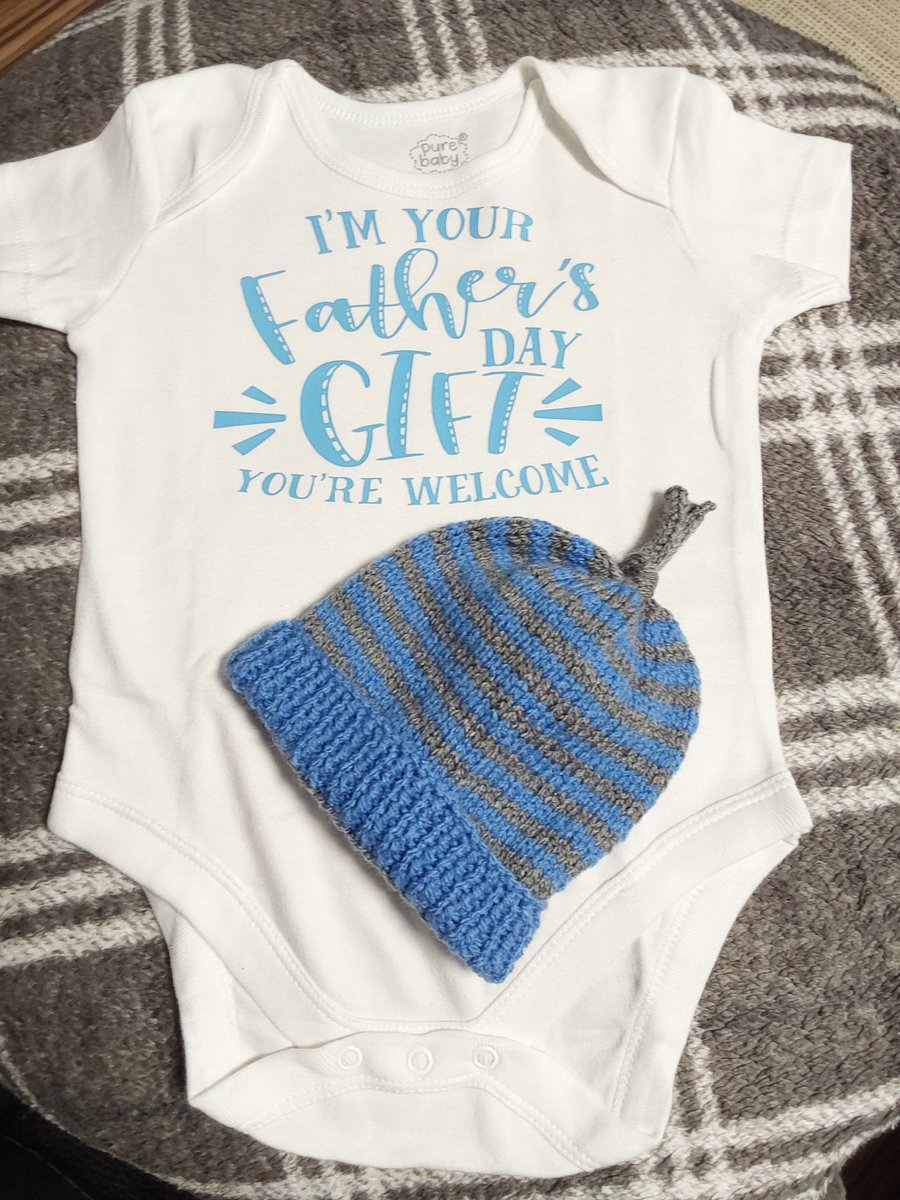 Hand Knitted 6-9 months baby hat blue and grey with matching printed vest