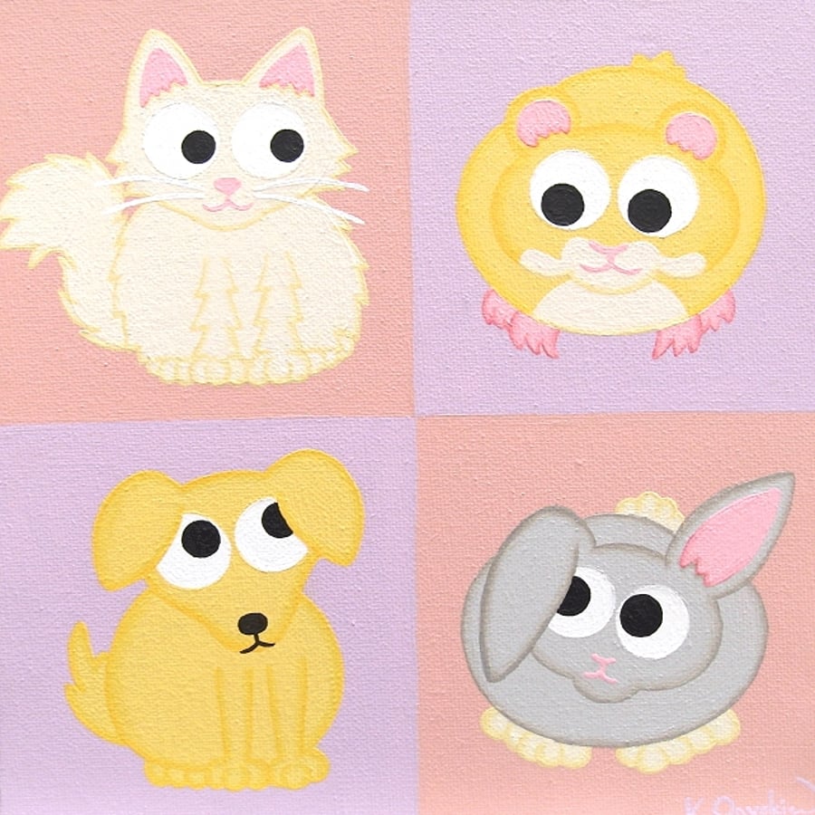 Nursery Decor - cute pets original acrylic art - cat, dog, hamster and rabbit