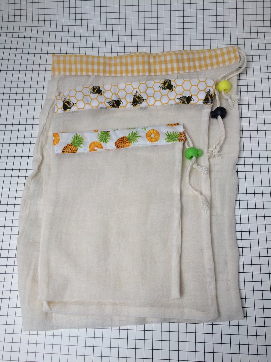 Set of three Cheesecloth fruit and veg supermarket bags. 