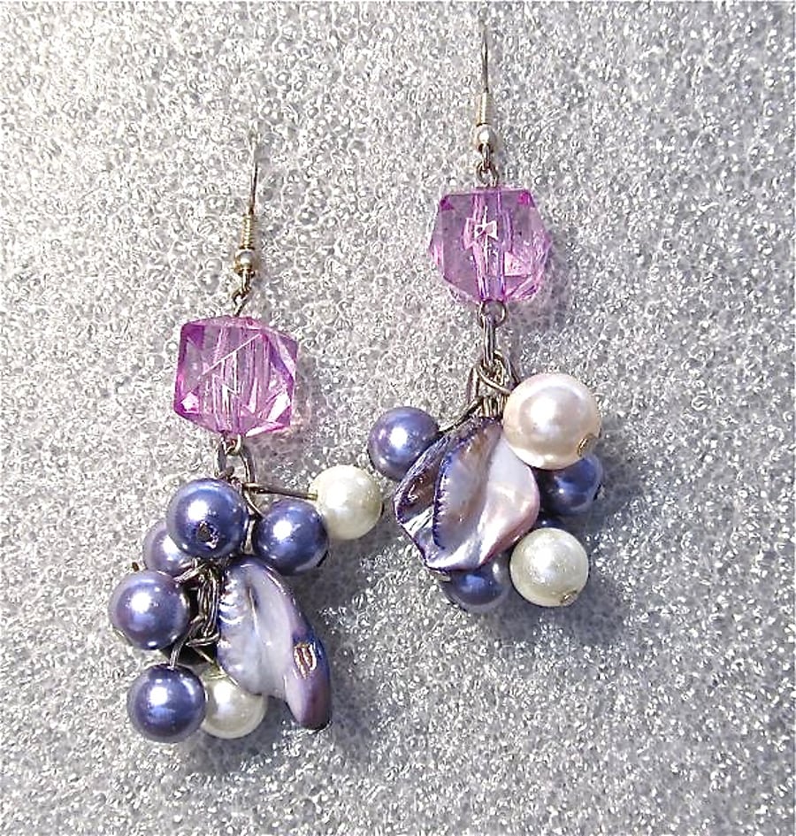 Purple Cluster Earrings, Mother of Pearl Nuggets & White Glass Pearls 