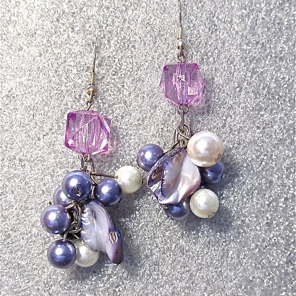 Purple Cluster Earrings, Mother of Pearl Nuggets & White Glass Pearls 