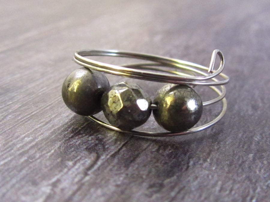 Pyrite Silver Memory Wire Ring, Fools Gold Ring