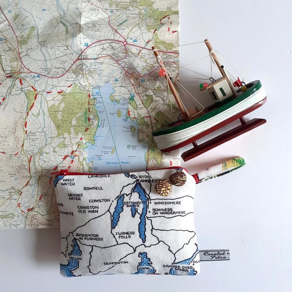  Lake District recycled tea towel small pouch purse or make up bag.