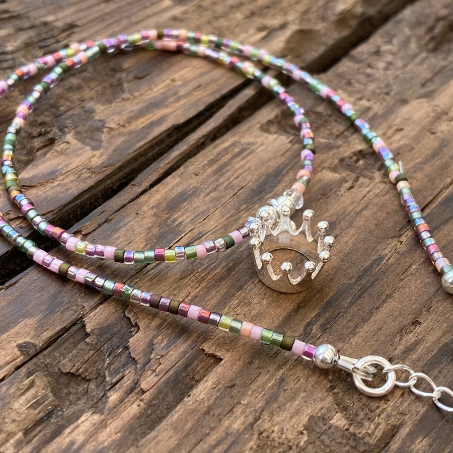  Mixed Miyuki Bead Choker With Sterling Silver Crown Charm