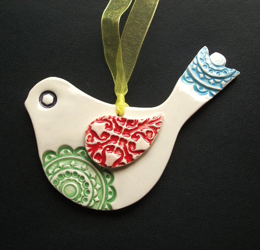 Bejewelled Bird ceramic Christmas decoration