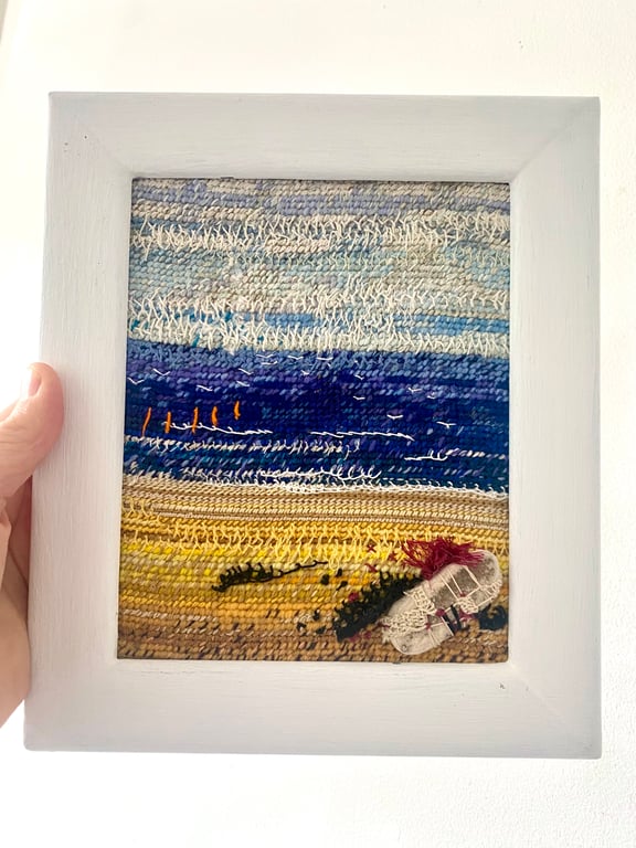 Sand sea sky, hand embroidered seascape 