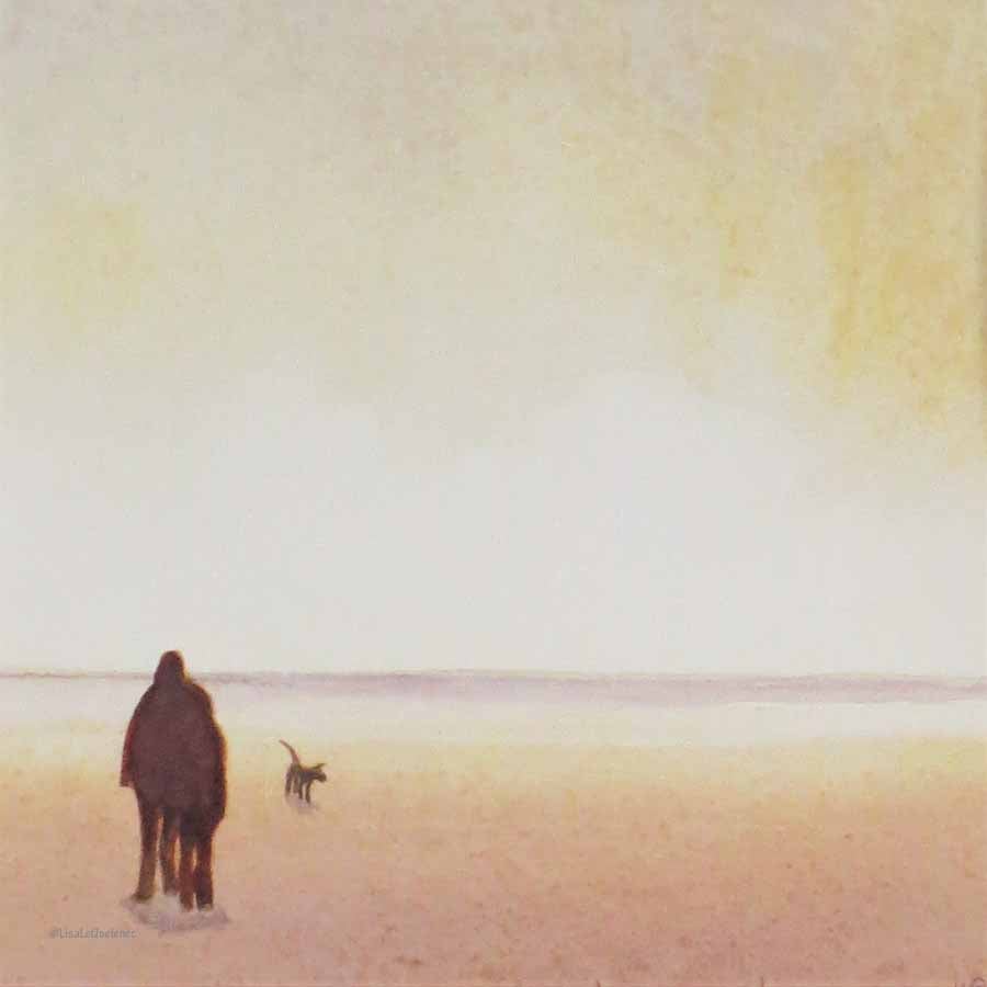 Original watercolour painting dog walkers on the beach at sunset