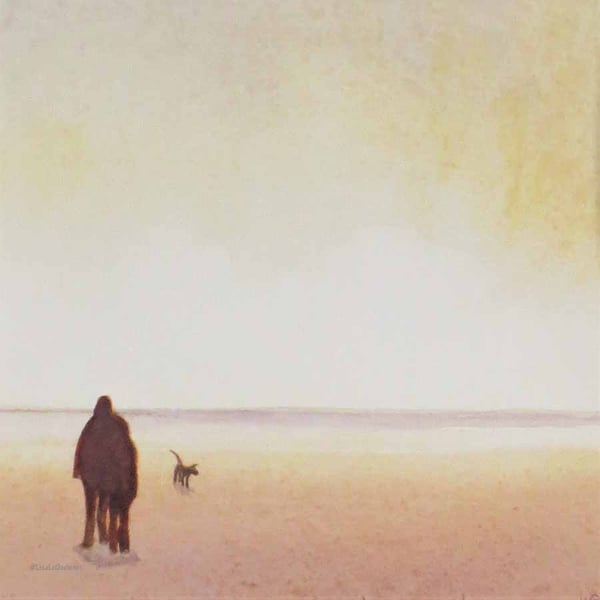 Original watercolour painting dog walkers on the beach at sunset