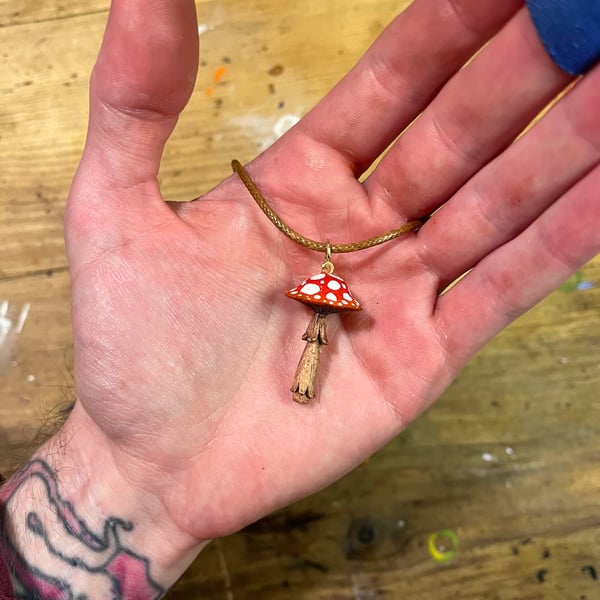 Hand Carved Faerie Mushroom Pendant 