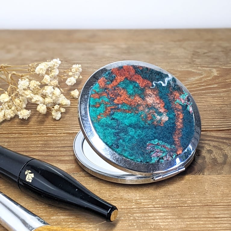 Pocket mirror, compact - emerald green and copper autumnals