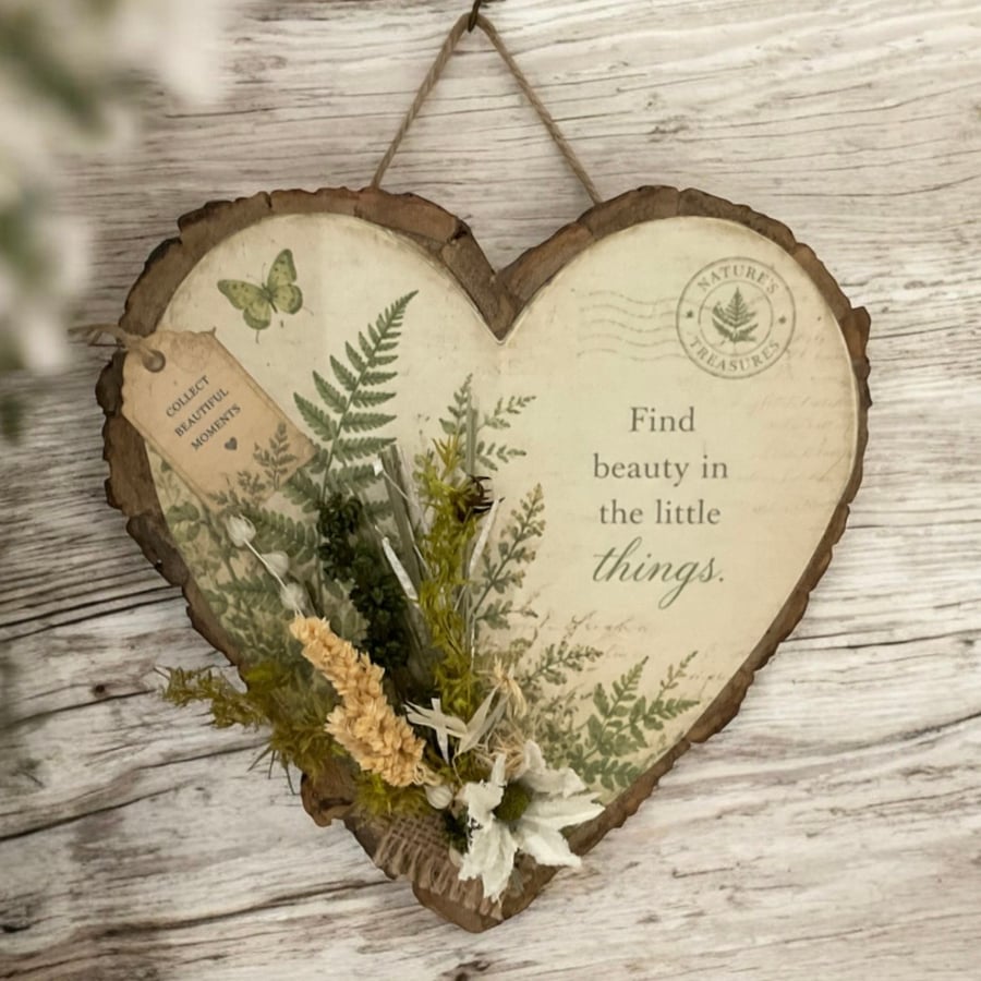 Handmade Wooden Heart Wall Hanging "Find Beauty in the Little Things" Botanicals