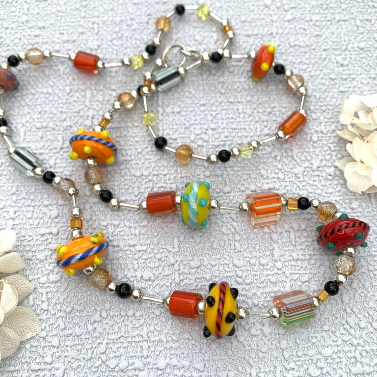 Cane Glass and Lampwork Bead Boho Necklace and Earrings Set