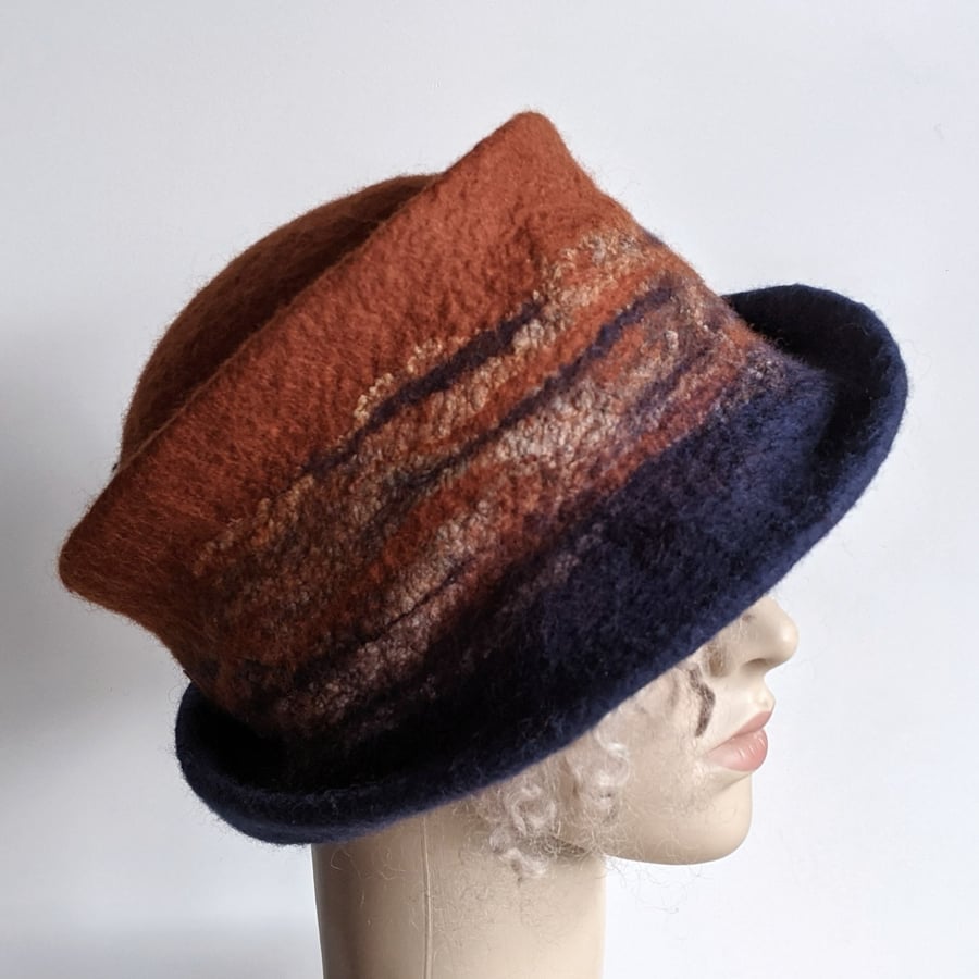 Rust and navy felted wool hat